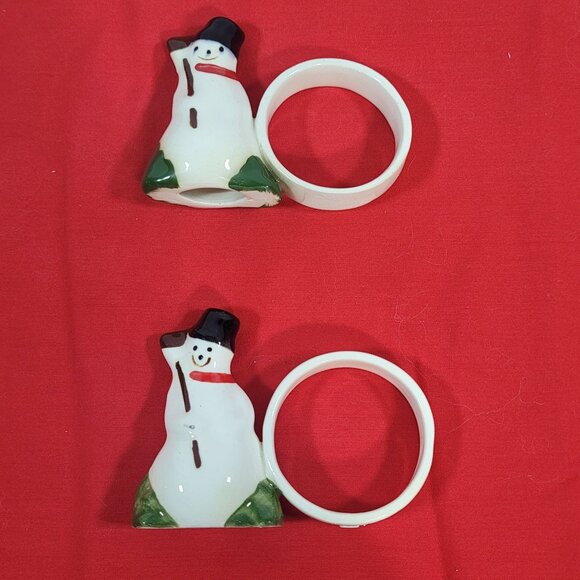 Vintage Snowman Ceramic Napkin Rings Set of 8 White Green Red Handpainted - Picture 8 of 8